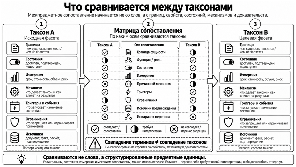 Рис. 4. Что сравнивается между таксонами: границы, состояния, измерения, механизмы и доказательства.